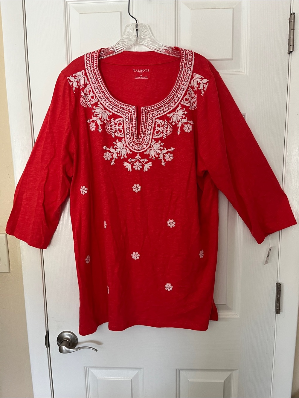 Talbots cotton embroidered splitneck tunic pullover coral white 3/4sleeve 2X NWT